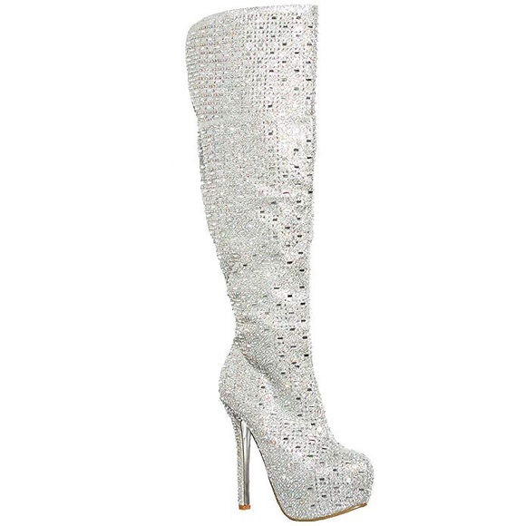 Over The Knee Rhinestone Stiletto Heel Boots - Picture 1 of 5